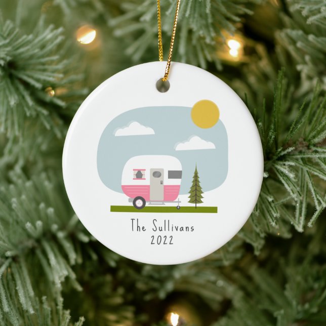 Pink Camper Woodland Keramik Ornament (Baum)