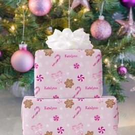 Pink Candy Cane Snowflake und Lebkuchen Name hinzu Geschenkpapier Set