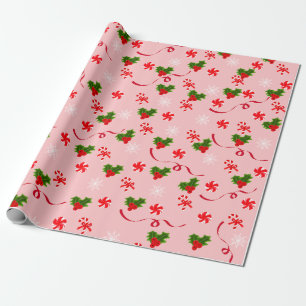 Pink Candy Cane und Red Ribbon Weihnachtsberries Geschenkpapier