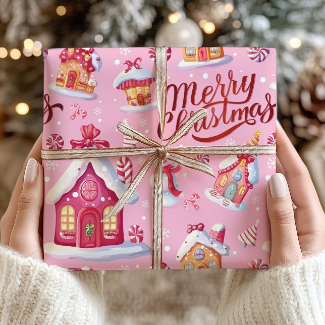 Pink Candy Festive Frohe Weihnachten Geschenkpapier (Pink Candy Festive Merry Christmas Wrapping Paper)