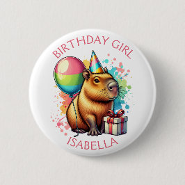 Pink Capybara Themed Birthday Girl Personalized Button