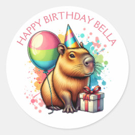  Pink Capybara Themed Girl's Happy Birthday  Runder Aufkleber