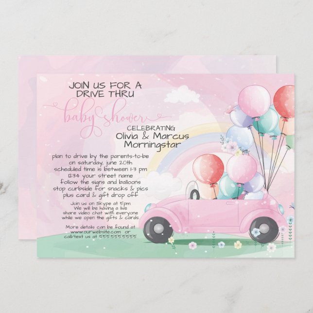 Pink Car Balloons Drive Thru Baby SHower Einladung (Vorne/Hinten)