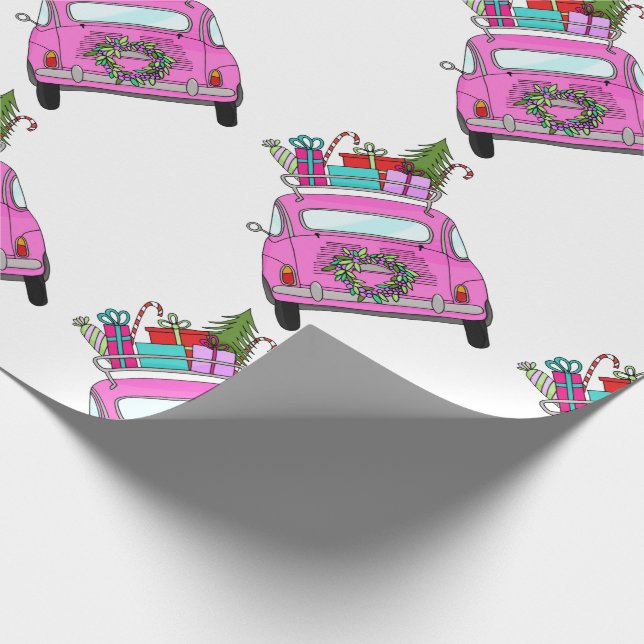 Pink Car with Christmas Ohrts Geschenkpapier (Ecke)