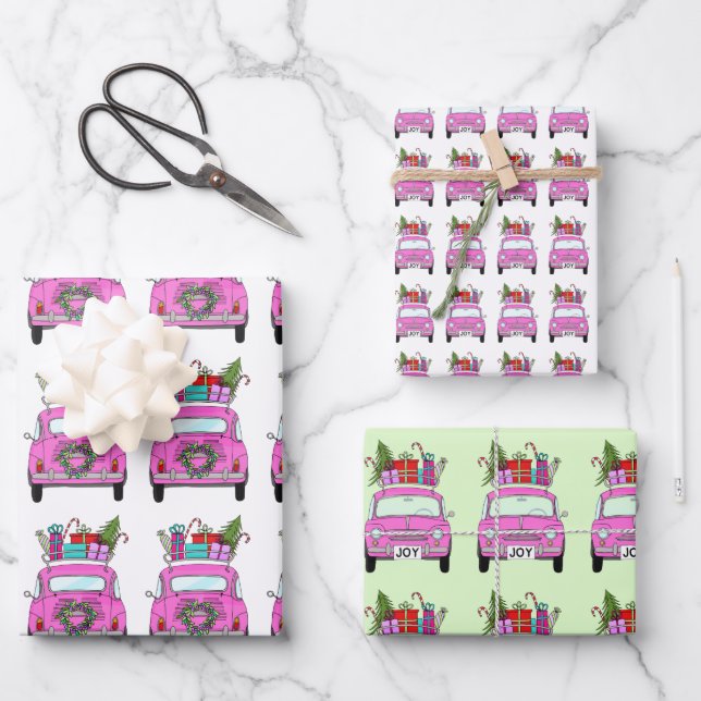 Pink Car with Christmas Ohrts Geschenkpapier Set (Vorderseite)