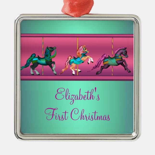Pink Carousel Aquamarin & Lila Baby's First Christ Silbernes Ornament (Vorne)