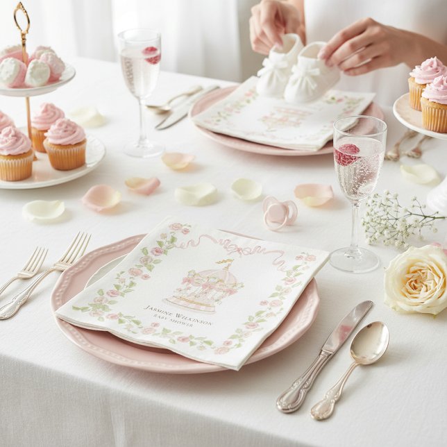 Pink Carousel Floral Baby Shower Paper Napkins Serviette (Von Creator hochgeladen)