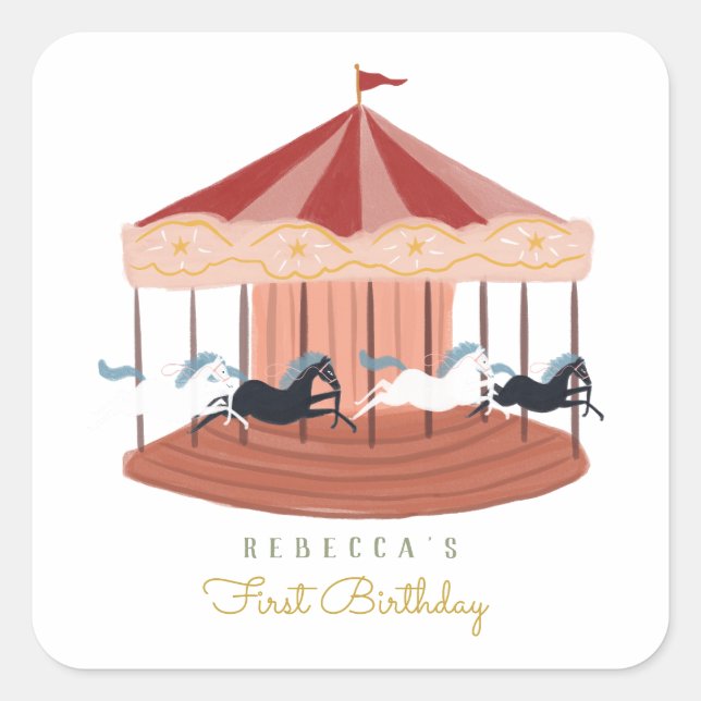 Pink Carousel Geburtstagsgeschenke Tags Quadratischer Aufkleber (Vorderseite)