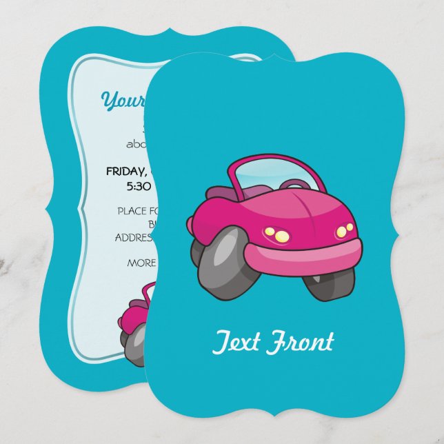 Pink Cartoon Car Einladung (Vorne/Hinten)