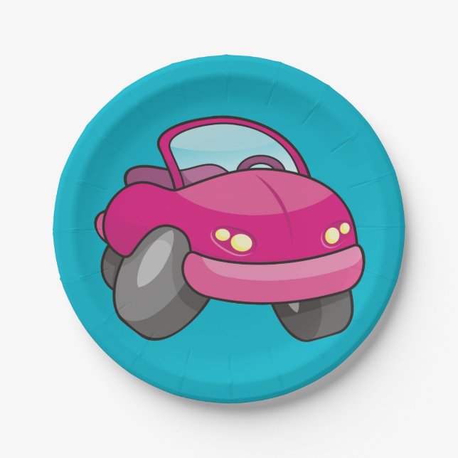 Pink Cartoon Car Pappteller (Vorderseite)