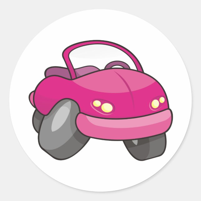 Pink Cartoon Car Runder Aufkleber (Vorderseite)