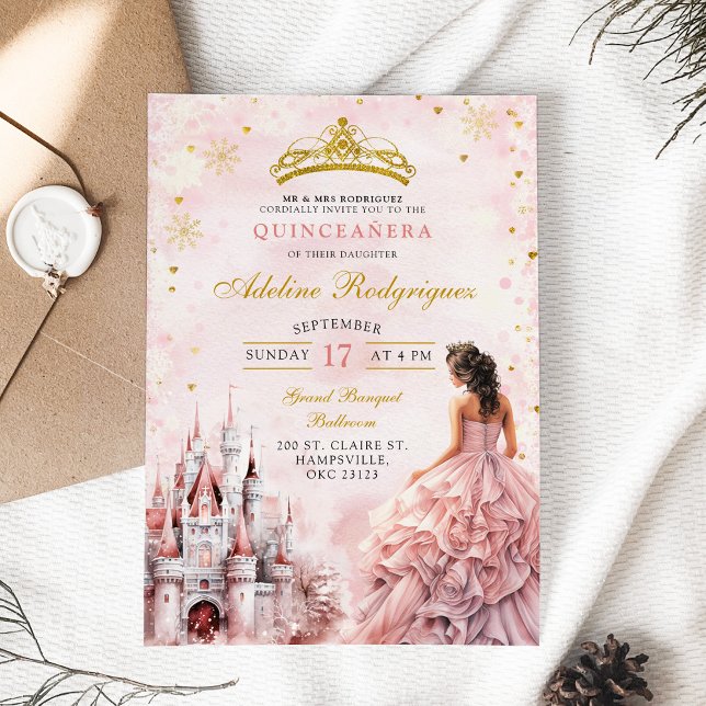 Pink Castle Palace Quinceanera Mexikanischer Gebur Einladung (Von Creator hochgeladen)