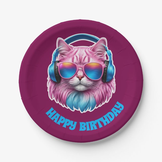 Pink Cat Birthday Party Pappteller (Vorderseite)