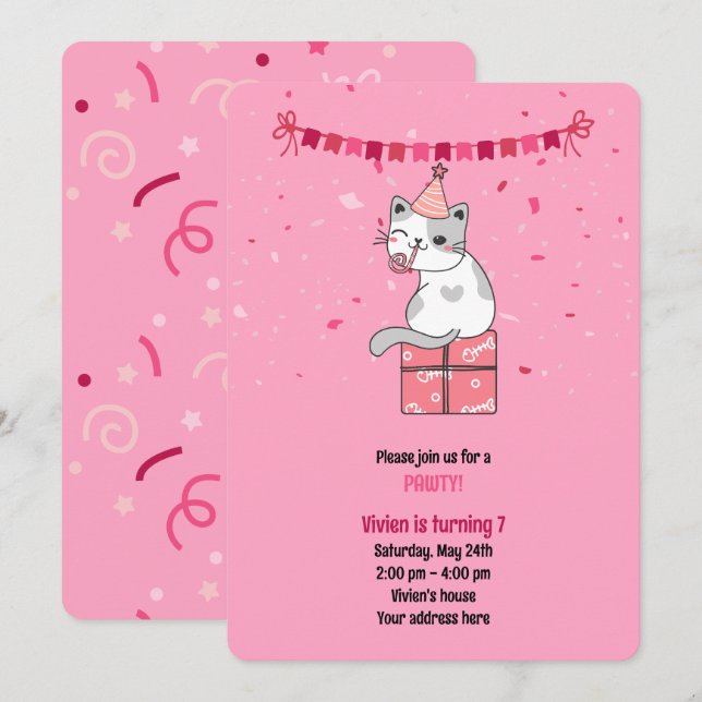 Pink Cat Kindergeburtstagsfeier Einladung (Vorne/Hinten)