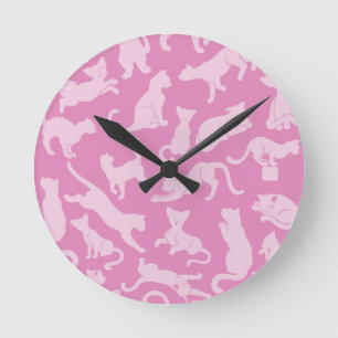 Pink Cat Pattern Runde Wanduhr