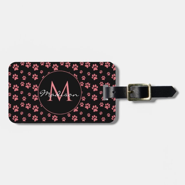 Pink Cat Paws Cute Pattern Monogram Gepäckanhänger (Vorderseite horizontal)