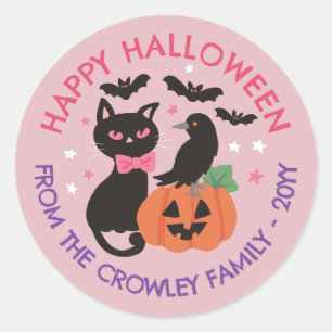 Pink Cat Pumpkin Raven Happy Halloween Runder Aufkleber