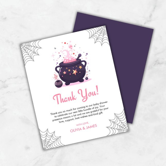 Pink Cauldron Halloween Kinderdusche Danke Karte (Budget Pink Cauldron A Baby is Brewing Halloween Baby Shower Thank You Card  )