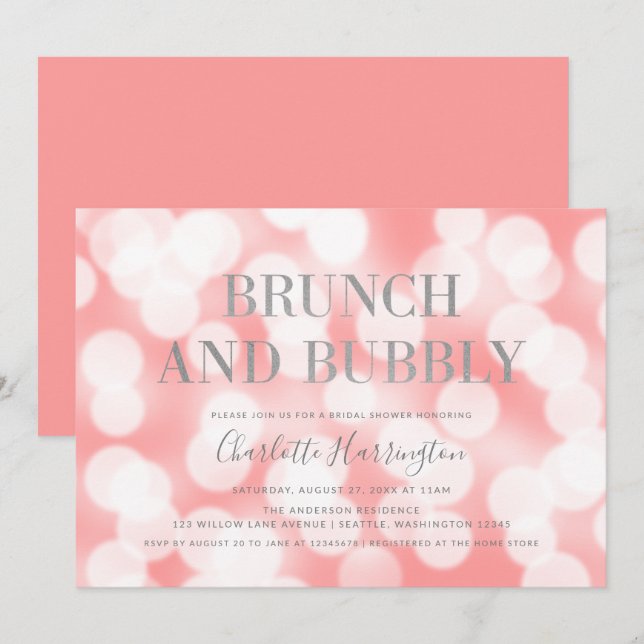Pink Champagne Bokeh Brunch & Bubbly Brautparty Einladung (Vorne/Hinten)