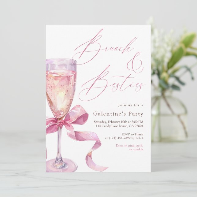Pink Champagne Bow Brunch & Besties Galentine’s  Einladung (Stehend Vorderseite)