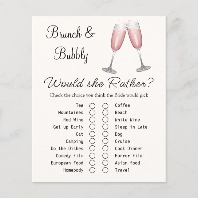 Pink Champagne Brautparty Game Card (Vorderseite)
