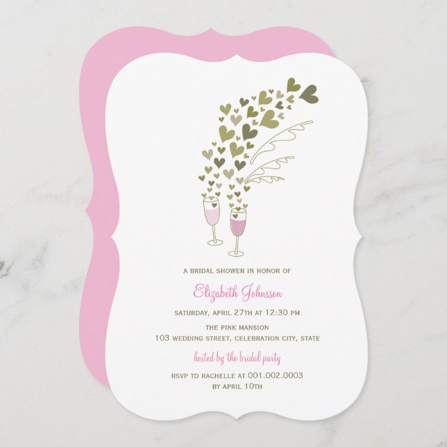 Pink Champagne Cheers Hearts Brautparty Einladung (Vorne/Hinten)