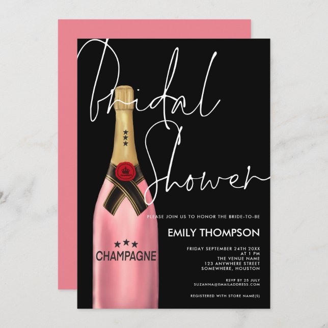 Pink Champagne Flasche Script Schwarzes Brautparty Einladung (Vorne/Hinten)