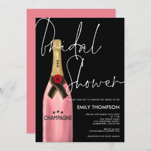 Pink Champagne Flasche Script Schwarzes Brautparty Einladung