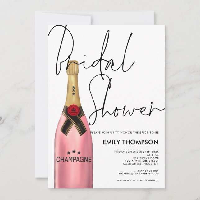 Pink Champagne Flasche Script Weißes Brautparty Einladung (Vorderseite)