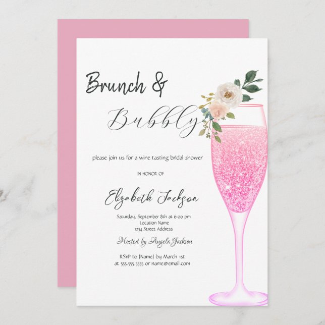 Pink Champagne Glass Blumen Brunch & Bubbly Einladung (Vorne/Hinten)