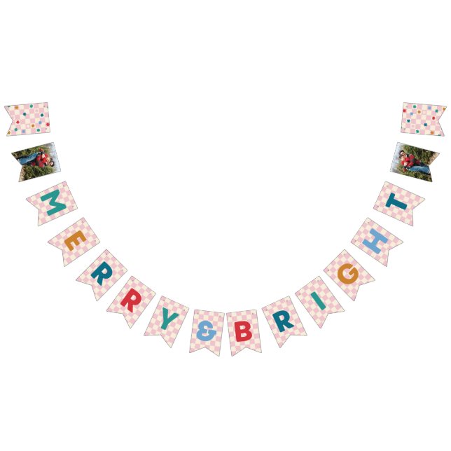 Pink Checkerboard Merry & Bright Bunting Banner (Alle)