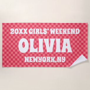 Pink Checkered Girls Weekend Personalisierter Name Strandtuch