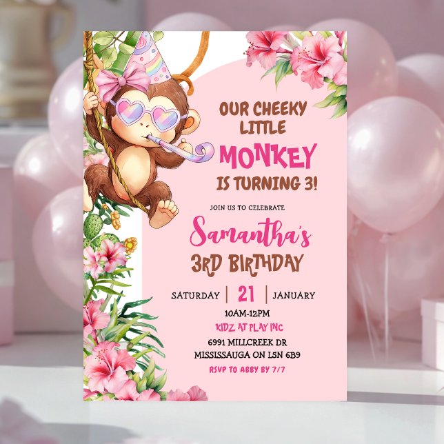 Pink Cheeky Little Monkey Savannah Theme Birthday Einladung (Von Creator hochgeladen)