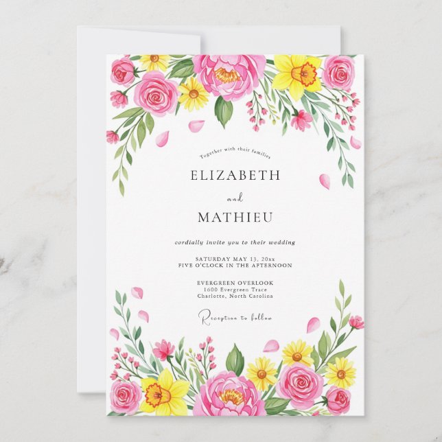 Pink Cheerful Spring Meadow Wedding Einladung (Vorderseite)
