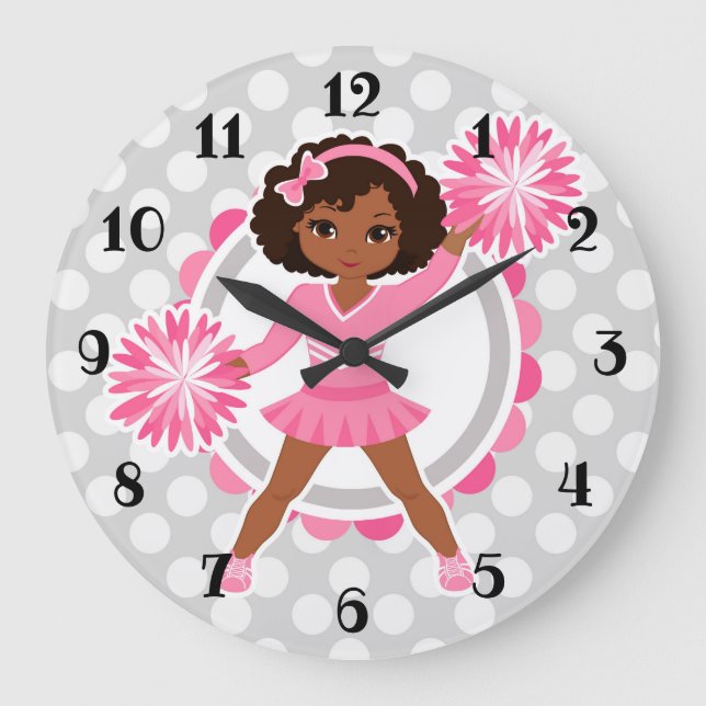 Pink Cheerleader African American - Niedlich Cheer Große Wanduhr (Vorderseite)