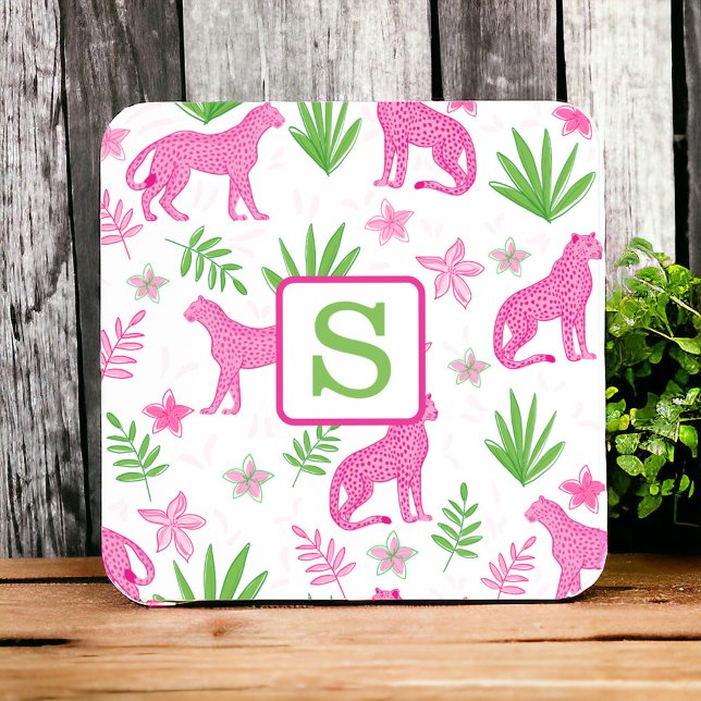 Pink Cheetah Monogram White Preppy Getränkeuntersetzer (Von Creator hochgeladen)