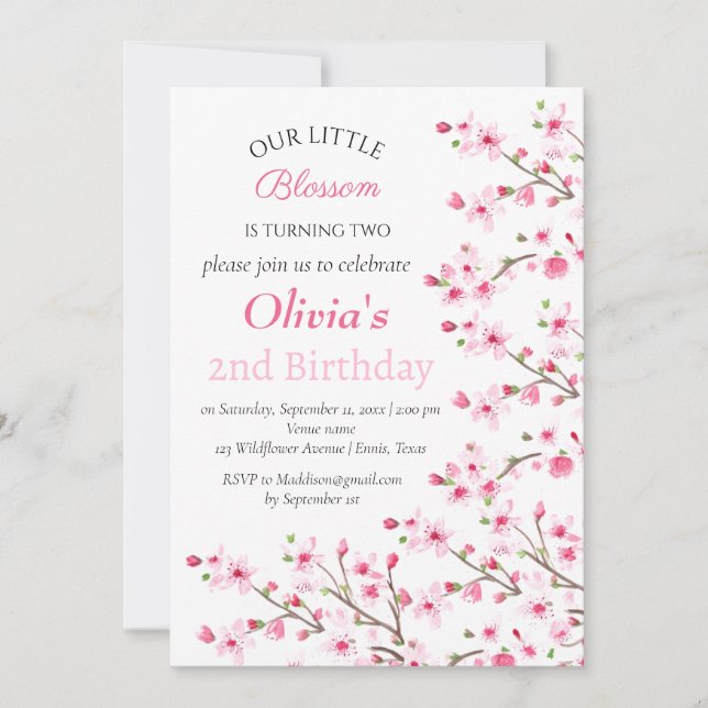 Pink Cherry Blossom 2. Geburtstag Einladung (Vorderseite)