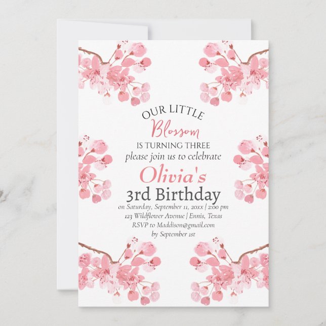 Pink Cherry Blossom 3. Geburtstag Einladung (Vorderseite)