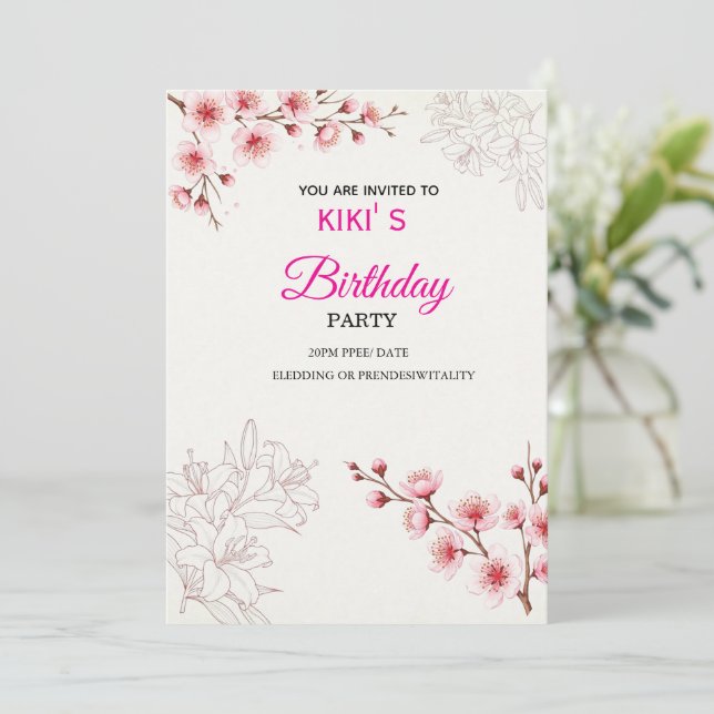 Pink Cherry Blossom Birthday Invitation | Watercol Einladung (Stehend Vorderseite)