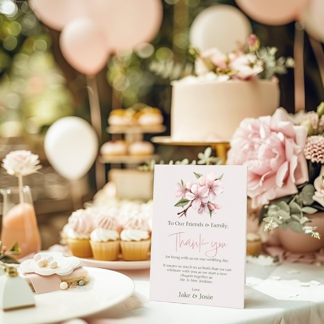 Pink Cherry Blossom Blume Wedding Table vielen Dan Tischnummer (Delicate pink blossom branch and a mix of modern calligraphy and classic serif fonts thank you)