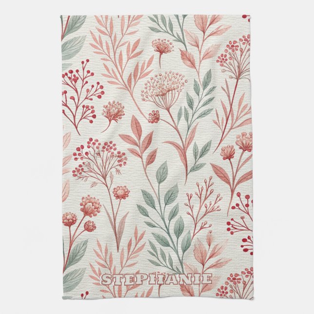 Pink Cherry Blossom, Blumenmuster und Blätter Must Geschirrtuch (Vertikal)