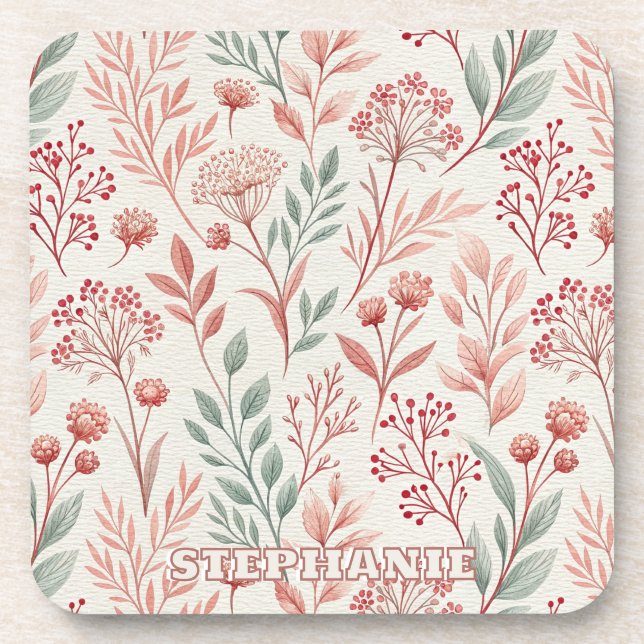 Pink Cherry Blossom, Blumenmuster und Blätter Must Getränkeuntersetzer (Vorderseite)