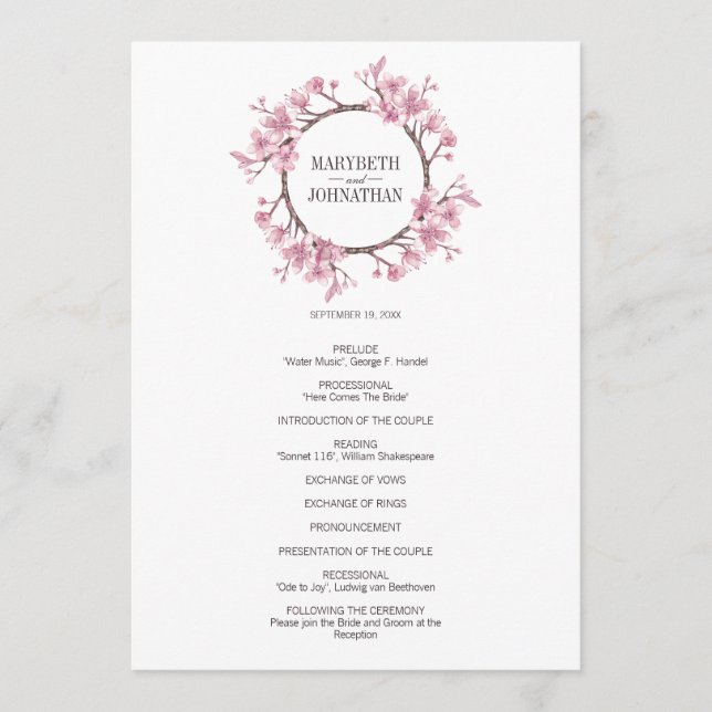Pink Cherry Blossom Blumenreath Wedding Programm (Vorderseite)