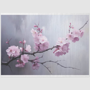 Pink Cherry Blossom Branch Misty Silver Sky Seidenpapier