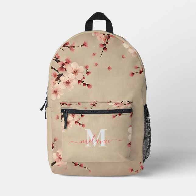 Pink Cherry Blossom Custom Monogram Name Bedruckter Rucksack (Vorderseite)