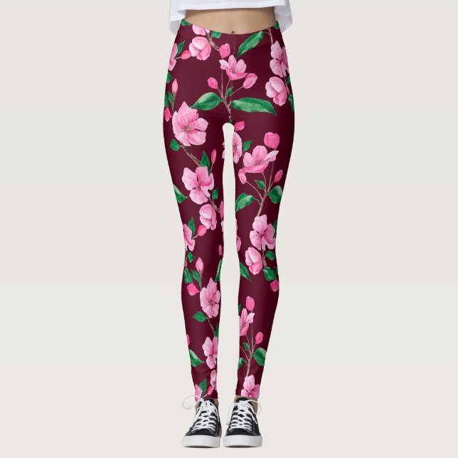 Pink Cherry Blossom Floral Leggings (Vorderseite)