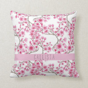 Pink Cherry Blossom Floral Watercolor Monogramm Kissen