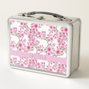 Pink Cherry Blossom Floral Watercolor Monogramm Metall Brotdose