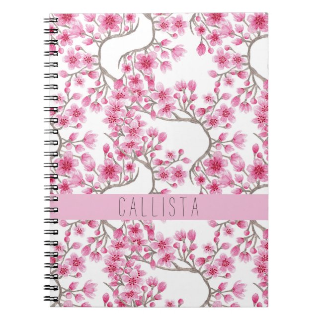 Pink Cherry Blossom Floral Watercolor Monogramm Notizblock (Vorderseite)