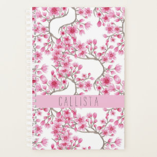 Pink Cherry Blossom Floral Watercolor Monogramm Planer